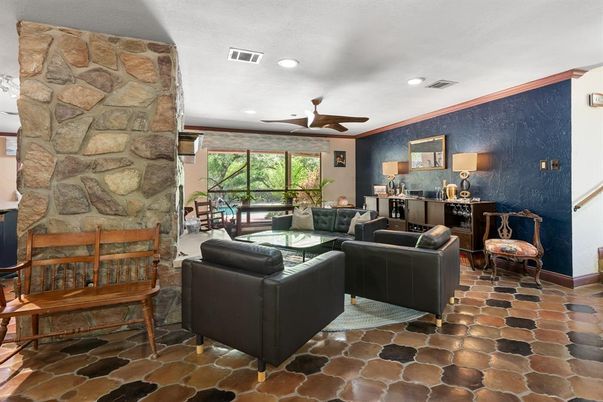 Fireplace, Interior, Living room, Recessed Lighting, Stone Walls