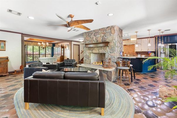 Fireplace, Interior, Kitchen, Living room, Pendant Lights, Recessed Lighting, Stone Walls