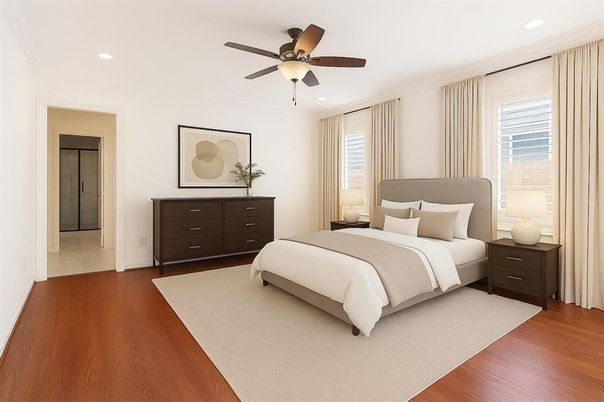 Bedroom, Interior, Recessed Lighting, Wood Texture Flooring