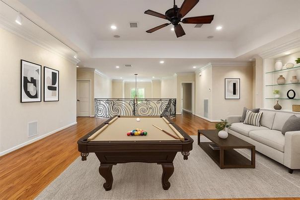 Billiard Table, Game Room, Interior, Living room, Recessed Lighting, Wood Texture Flooring