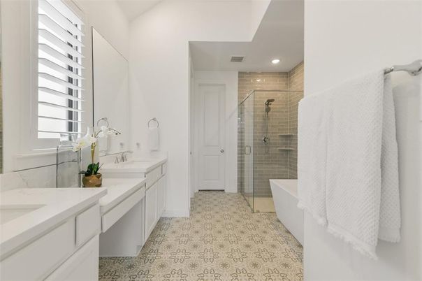 Bathroom, Dual Sink Vanities, Glass Shower, Interior, Recessed Lighting