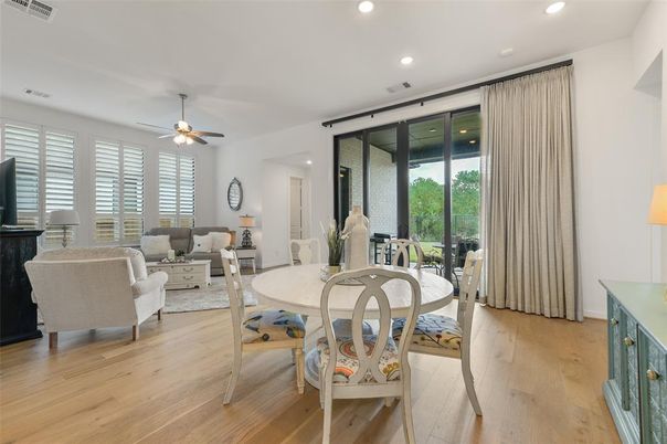 Dining room, Interior, Living room, Recessed Lighting, Wood Texture Flooring