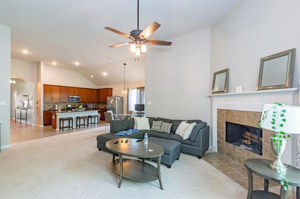 Dining room, Fireplace, Interior, Kitchen, Living room, Pendant Lights, Recessed Lighting, Stainless Steel Appliances