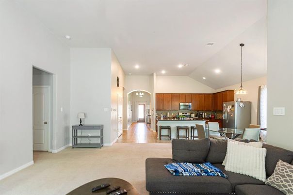 Dining room, Interior, Kitchen, Living room, Pendant Lights, Recessed Lighting, Stainless Steel Appliances, Wood Texture Flooring