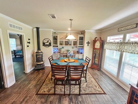Dining room, Interior, Pendant Lights, Wood Texture Flooring