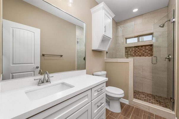 Bathroom, Glass Shower, Interior, Recessed Lighting, Wood Texture Flooring