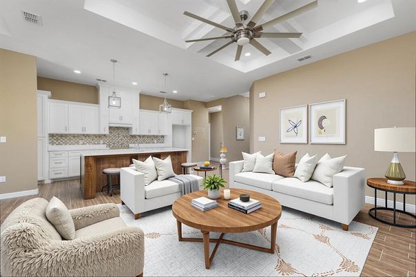 Interior, Kitchen, Living room, Pendant Lights, Recessed Lighting, Wood Texture Flooring