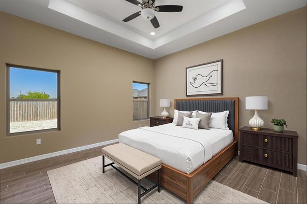 Bedroom, Interior, Recessed Lighting, Wood Texture Flooring