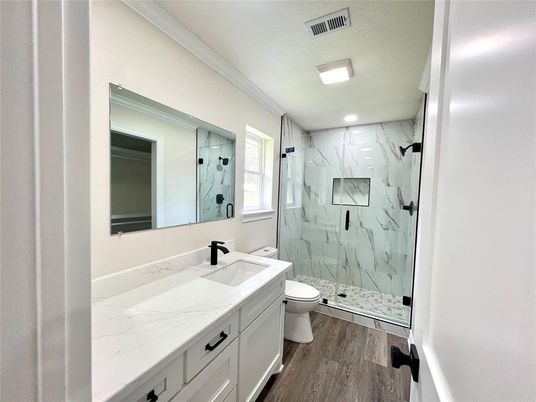 Bathroom, Glass Shower, Interior, Marble Walls, Recessed Lighting, Wood Texture Flooring