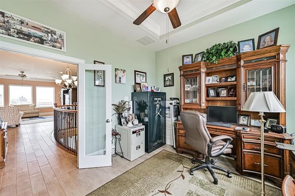 Chandelier, Home Office, Interior, Wood Texture Flooring