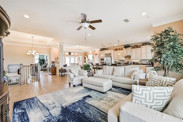 Chandelier, Dining room, Interior, Kitchen, Living room, Pendant Lights, Recessed Lighting, Wood Texture Flooring