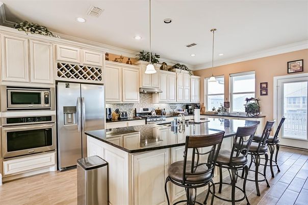 Interior, Kitchen, Pendant Lights, Recessed Lighting, Stainless Steel Appliances, Water, Wood Texture Flooring