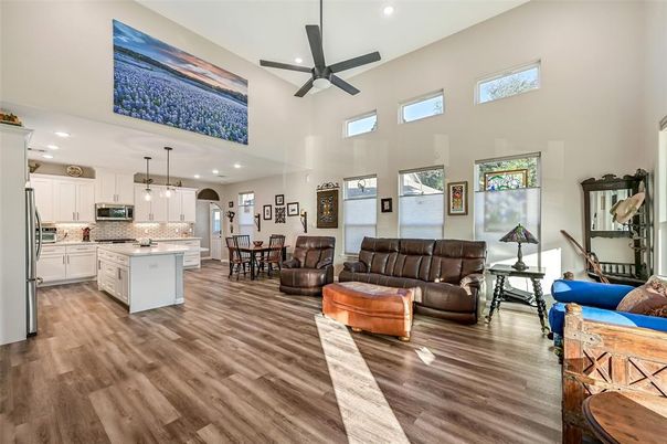 Dining room, Interior, Kitchen, Living room, Pendant Lights, Recessed Lighting, Stainless Steel Appliances, Wood Texture Flooring