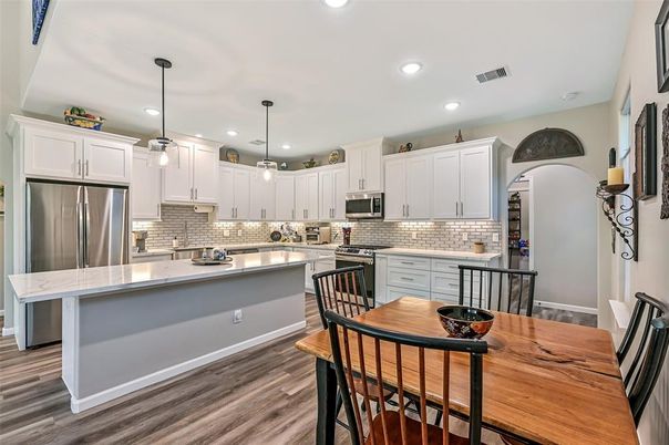 Interior, Kitchen, Pendant Lights, Recessed Lighting, Stainless Steel Appliances, Wood Texture Flooring