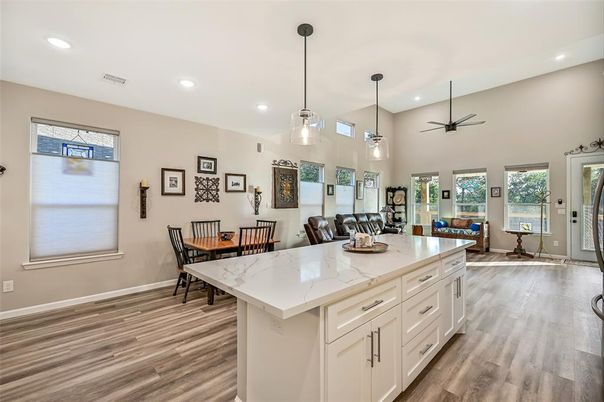 Dining room, Interior, Kitchen, Pendant Lights, Recessed Lighting, Wood Texture Flooring