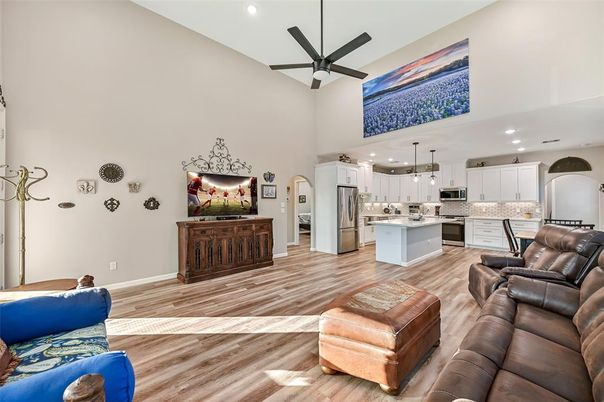 Interior, Kitchen, Living room, Pendant Lights, Recessed Lighting, Stainless Steel Appliances, Wood Texture Flooring