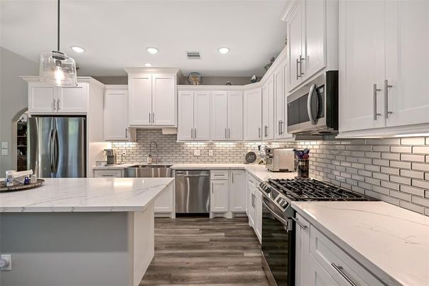 Interior, Kitchen, Pendant Lights, Recessed Lighting, Stainless Steel Appliances, Wood Texture Flooring