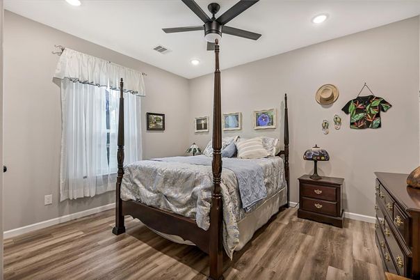 Bedroom, Interior, Recessed Lighting, Wood Texture Flooring