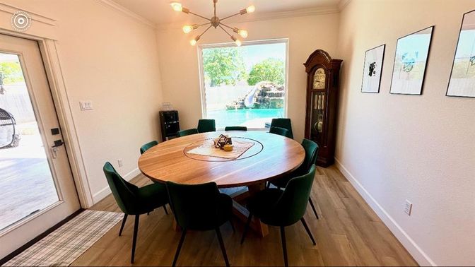 Dining room, Interior, Pendant Lights, Wood Texture Flooring