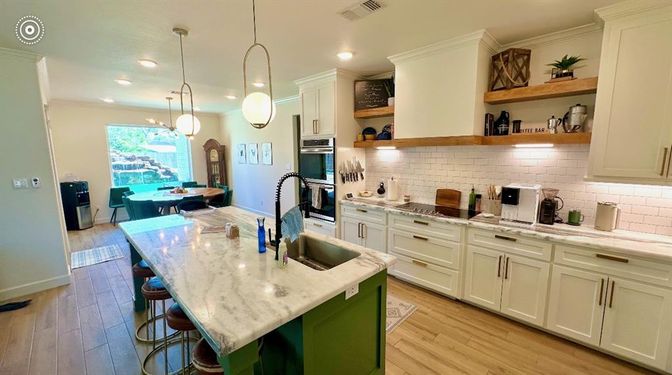 Interior, Kitchen, Pendant Lights, Recessed Lighting, Stainless Steel Appliances, Wood Texture Flooring