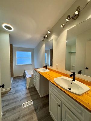Bathroom, Dual Sink Vanities, Interior, Wood Texture Flooring
