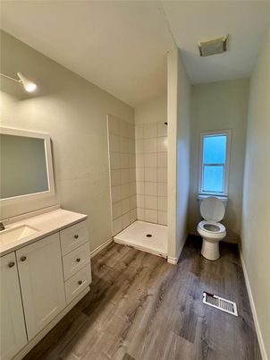Bathroom, Interior, Recessed Lighting, Wood Texture Flooring