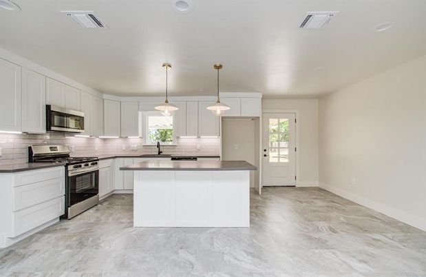 Interior, Kitchen, Marble, Pendant Lights, Recessed Lighting, Stainless Steel Appliances