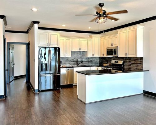 Interior, Kitchen, Recessed Lighting, Stainless Steel Appliances, Wood Texture Flooring