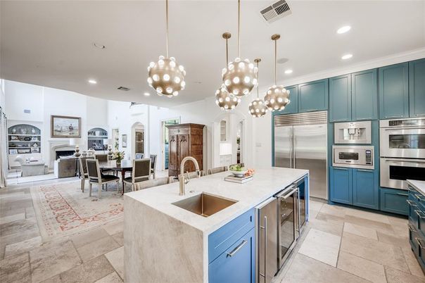 Dining room, Fireplace, Interior, Kitchen, Living room, Pendant Lights, Recessed Lighting, Stainless Steel Appliances