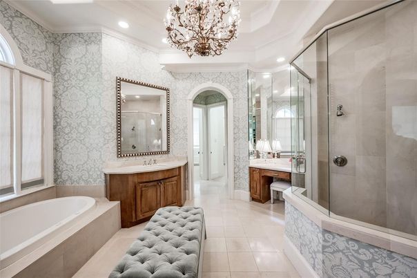 Bathroom, Chandelier, Dual Sink Vanities, Glass Shower, Interior, Recessed Lighting