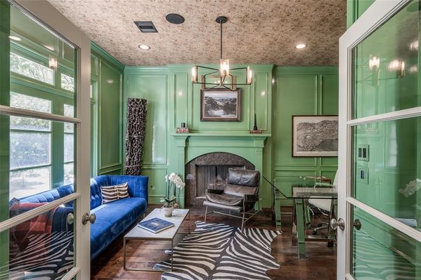 Fireplace, Home Office, Interior, Living room, Pendant Lights, Recessed Lighting, Wood Texture Flooring