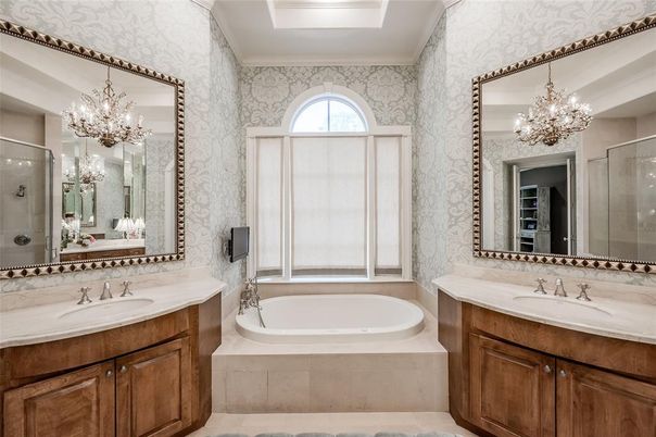 Bathroom, Chandelier, Dual Sink Vanities, Glass Shower, Interior