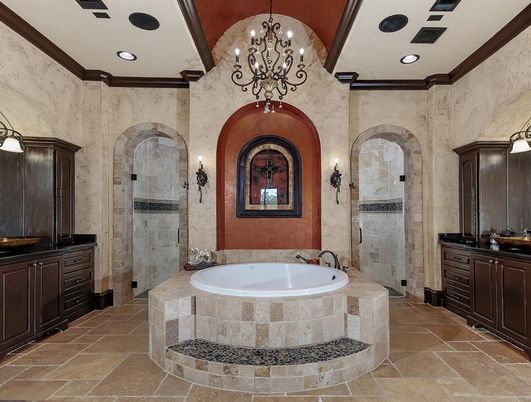 Bathroom, Chandelier, Glass Shower, Interior, Recessed Lighting