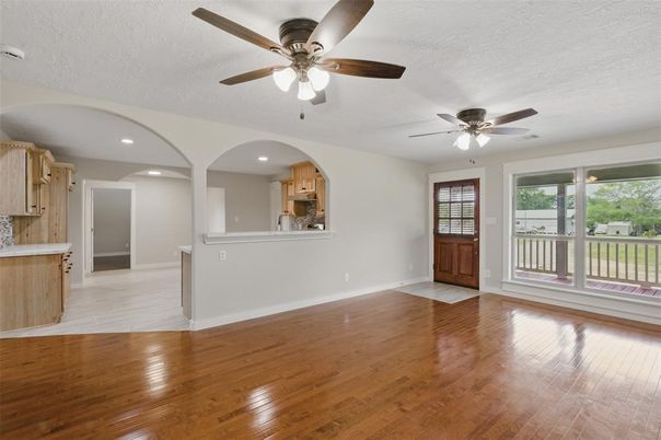Empty room, Interior, Kitchen, Recessed Lighting, Wood Texture Flooring