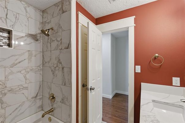 Bathroom, Interior, Marble Walls, Wood Texture Flooring