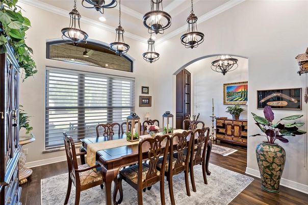 Chandelier, Dining room, Interior, Pendant Lights, Wood Texture Flooring