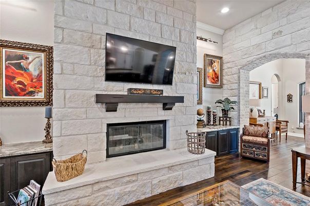 Fireplace, Interior, Recessed Lighting, Stone Walls, Wood Texture Flooring