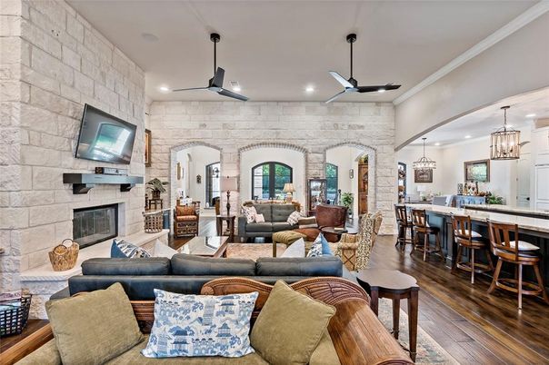 Dining room, Fireplace, Interior, Kitchen, Living room, Pendant Lights, Recessed Lighting, Stone Walls, Wood Texture Flooring