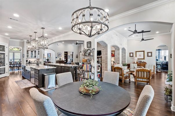 Chandelier, Dining room, Interior, Kitchen, Living room, Pendant Lights, Recessed Lighting, Wood Texture Flooring