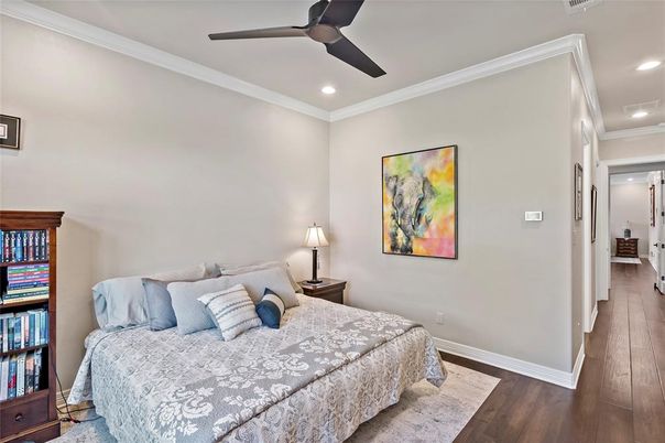 Bedroom, Interior, Recessed Lighting, Wood Texture Flooring