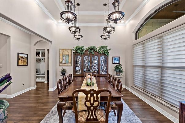 Dining room, Interior, Pendant Lights, Wood Texture Flooring