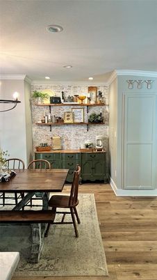 Dining room, Interior, Recessed Lighting, Stone Walls, Wood Texture Flooring