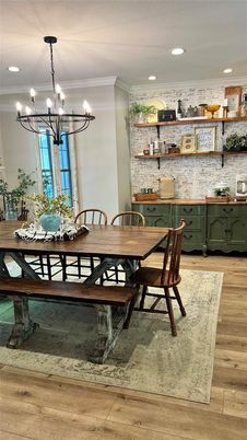 Chandelier, Dining room, Interior, Recessed Lighting, Stone Walls, Wood Texture Flooring