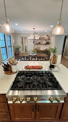 Chandelier, Interior, Kitchen, Pendant Lights, Recessed Lighting, Wood Texture Flooring
