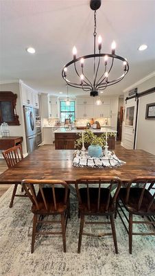 Chandelier, Dining room, Interior, Kitchen, Recessed Lighting, Wood Texture Flooring