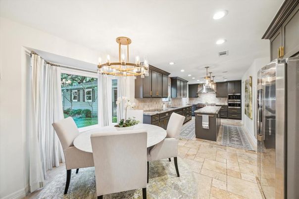 Chandelier, Dining room, Interior, Kitchen, Pendant Lights, Recessed Lighting, Stainless Steel Appliances