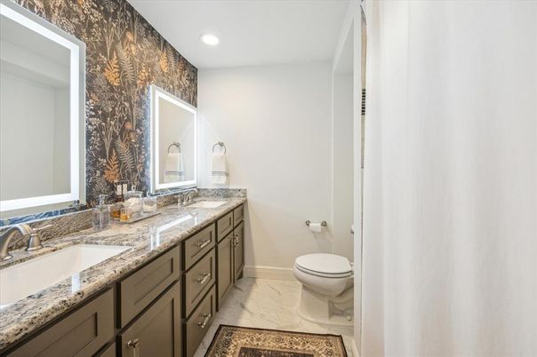 Bathroom, Dual Sink Vanities, Interior, Marble, Recessed Lighting