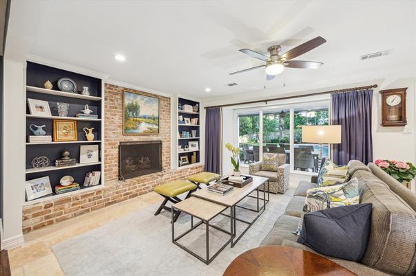 Fireplace, Interior, Living room, Recessed Lighting, Stone Walls