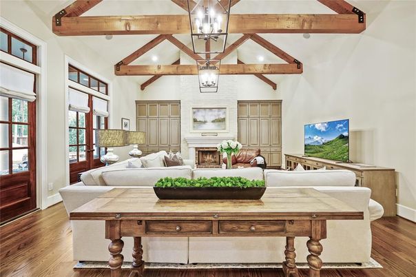 Fireplace, Interior, Living room, Pendant Lights, Wooden Beams, Wood Texture Flooring