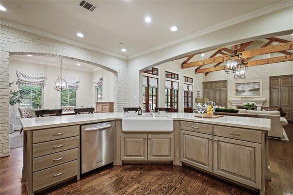 Dining room, Interior, Kitchen, Pendant Lights, Recessed Lighting, Stainless Steel Appliances, Stone Walls, Wooden Beams, Wooden Ceilings, Wood Texture Flooring